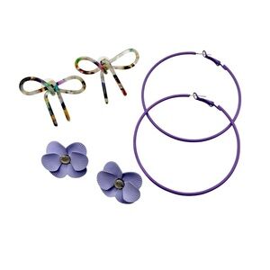 3 Pairs of Earrings - Purple Hoop, Floral Studs, & Multicolored Bow